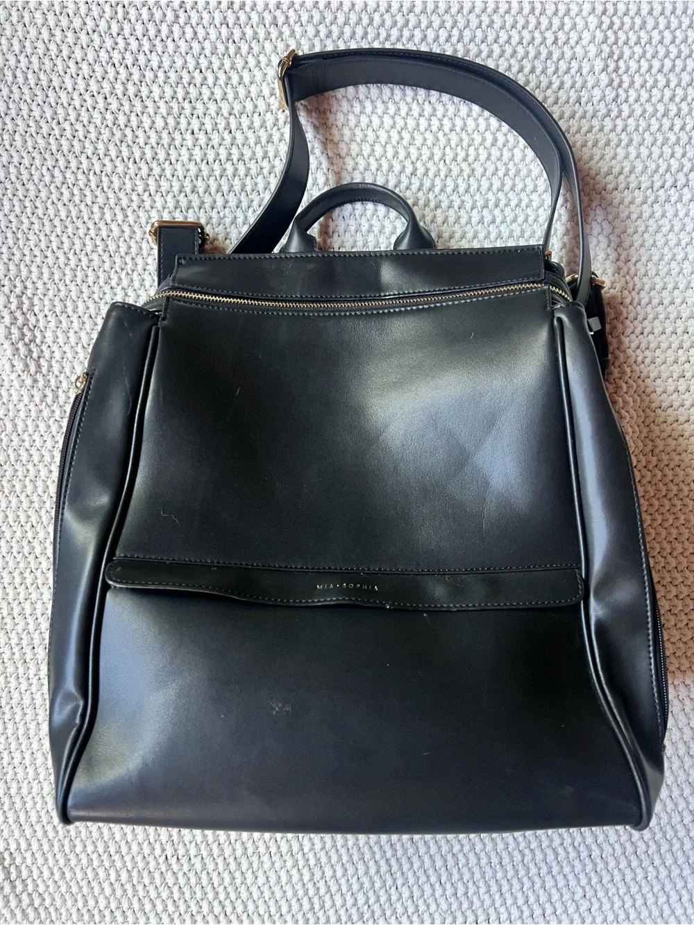 Mia + Sophia Black Faux Leather Diaper Bag Classic Minimalist Cute Baby Chic Bag